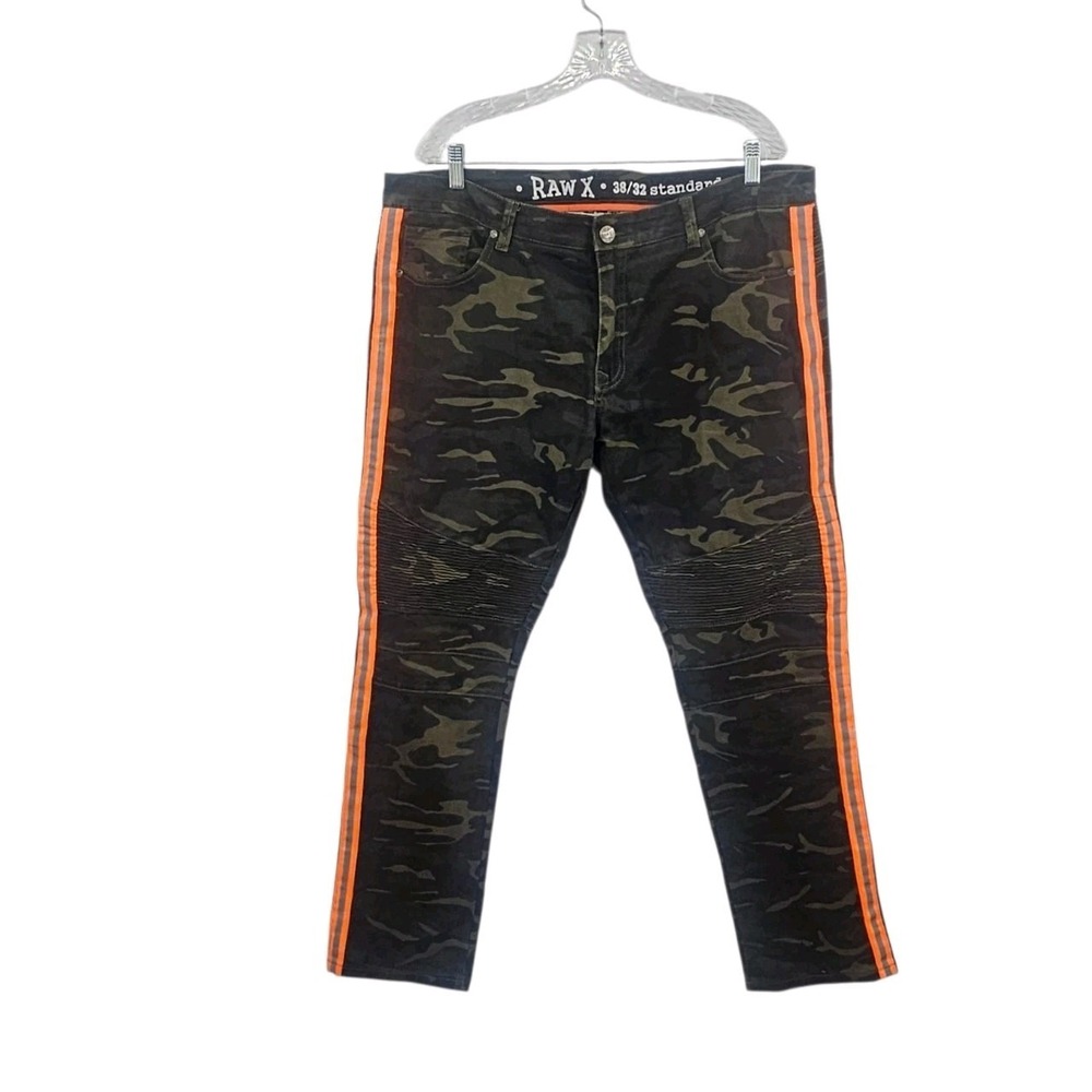 RAW X Mens Camo Moto Biker Jeans 38x32 Standard Stretch Side Stripe Orange